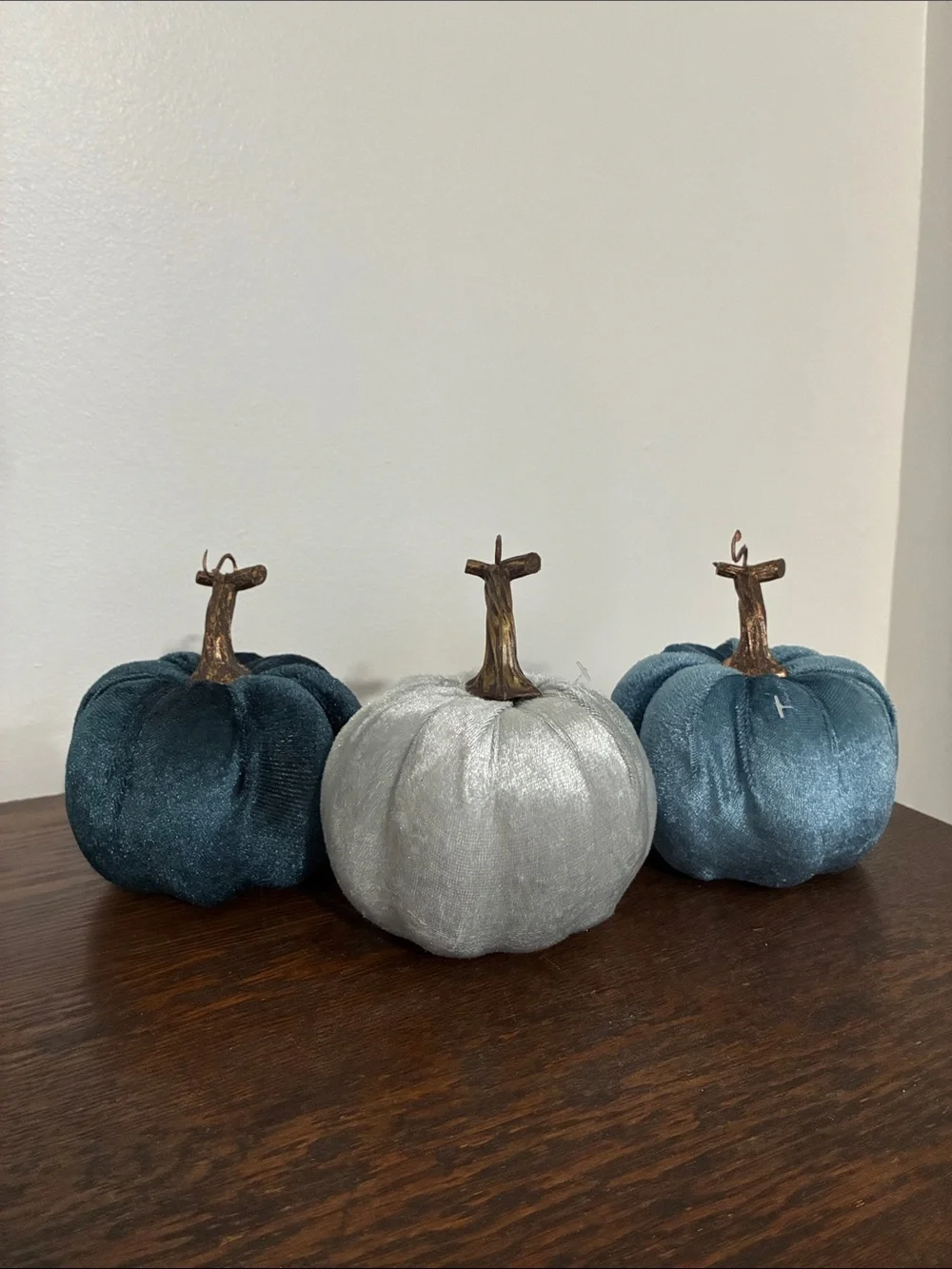 NWT Set of 3- Velvet Pumpkins- Dark Blue, Silver, Teal Fall Holiday Decorations